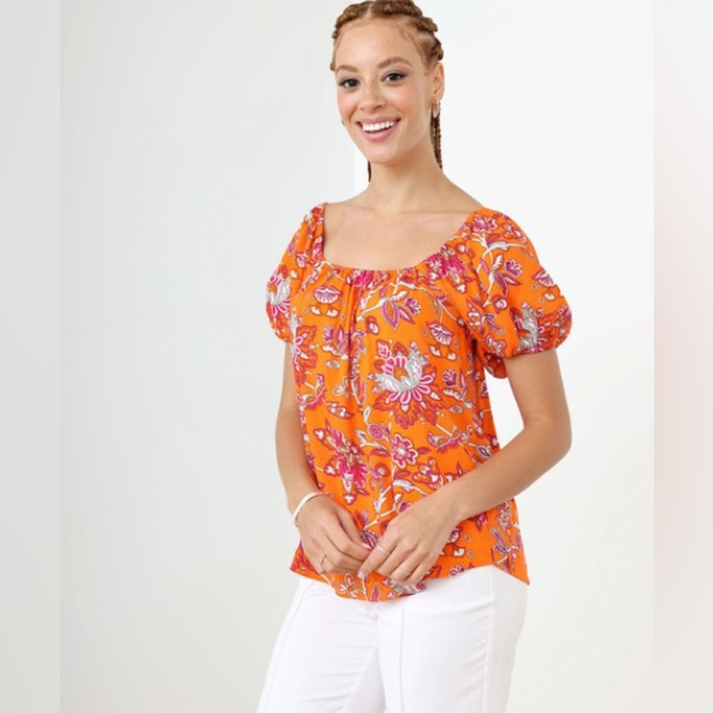 Cleo Floral Cold Shoulder Short Sleeve Orange Peasant Blouse Medium - Picture 2 of 5